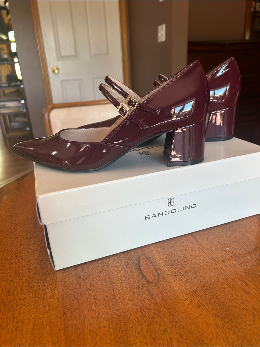 Bandolino Burgundy Patent Double-Strap Block Heel Pumps